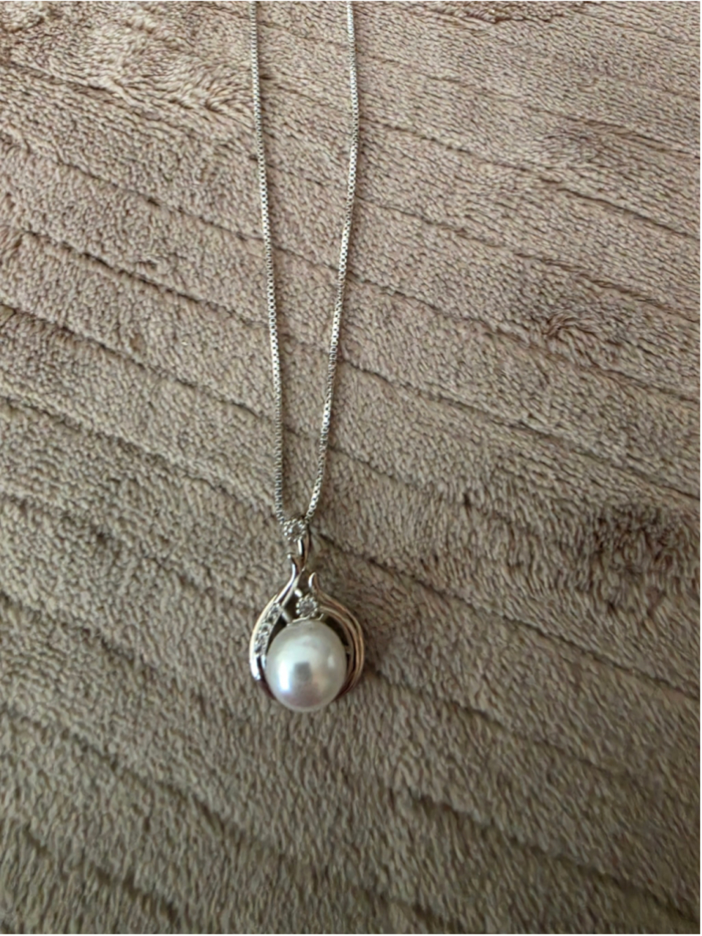 925 Italy Sterling Silver 18" Box Chain Pearl Rhinestone Swirl Pendant Necklace